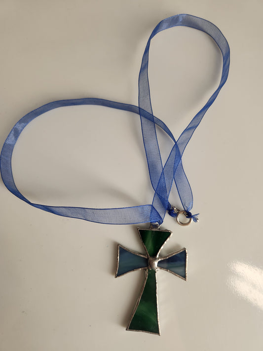 Green/Blue Cross Necklace, Stained Glass, Unique