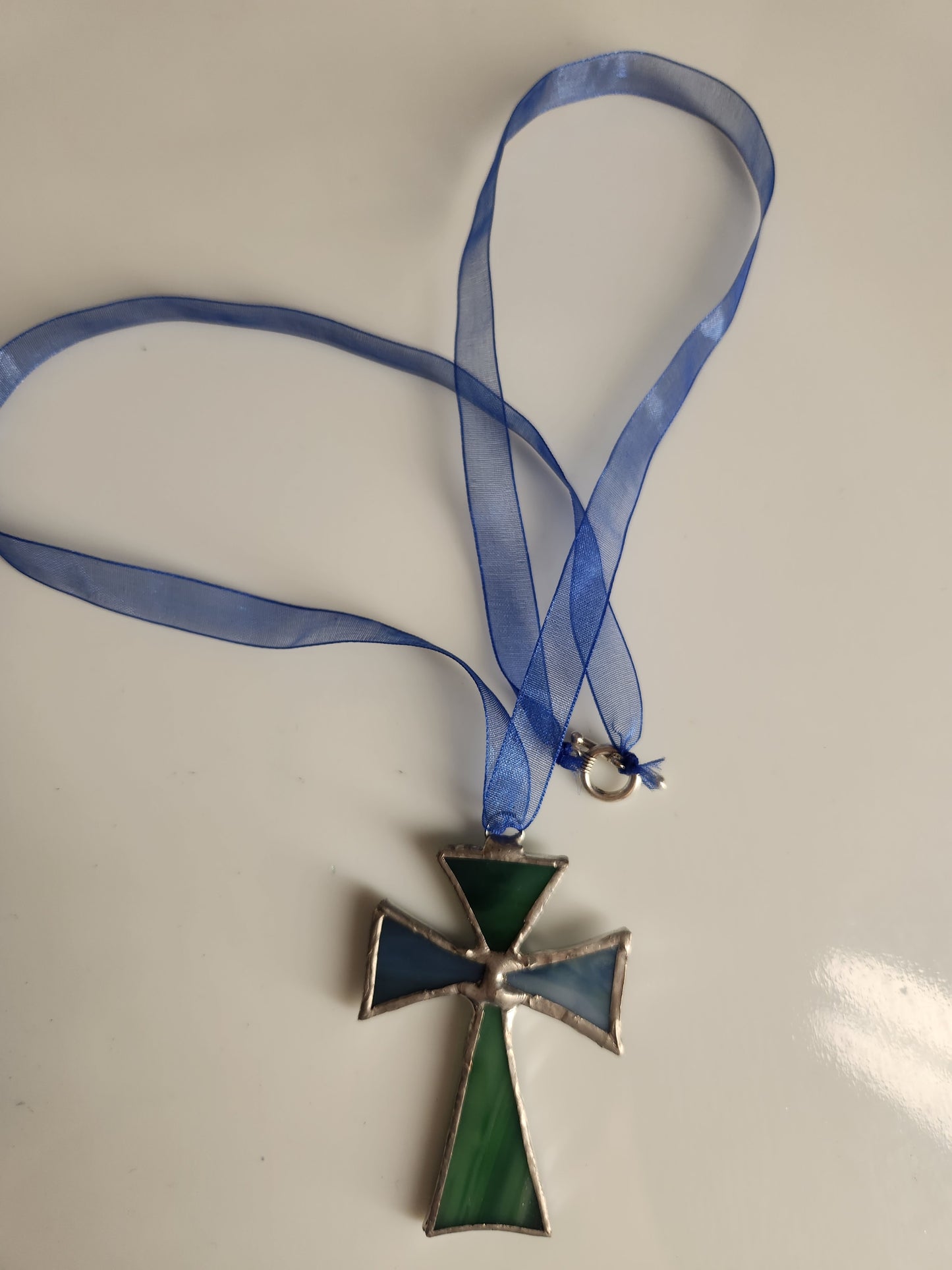 Green/Blue Cross Necklace, Stained Glass, Unique